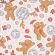 © AngellozOlga - Retro Groovy Christmas Disco Party Dancing Gingerbread Men characters in Santa Hat, Reindeer Antlers, with Guitar and sparkling disco ball Vector Seamless Pattern. Perfect for Holiday Wrapping Paper