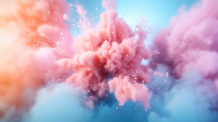 Wall Mural - abstract explosion of pastel pink and orange clouds against a light blue background. vibrant and eth