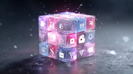 Icy Social Media Cube Displaying Connectivity and Communication in Digital Space
