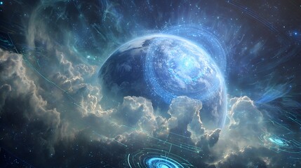 Wall Mural - Glowing planet with clouds and starlight creates a cosmic abstract scene.
