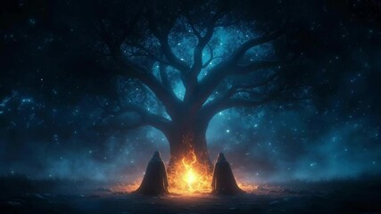 Wall Mural - Mystical figures by a glowing fire under a starry tree
