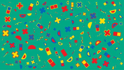 Wall Mural - Teal background with colorful geometric shapes. Vector for abstract background, presentation, website, and creative poster.