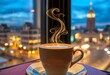 ©  Yani8sa A. - Warm cappuccino steam swirls above a cafe cup, evening cityscape softly reflected in window,  dusk,  mood