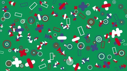 Wall Mural - Yellow background with red blue and white geometric shapes. Abstract seamless memphis loop video for presentation, intro, outro, and social media.