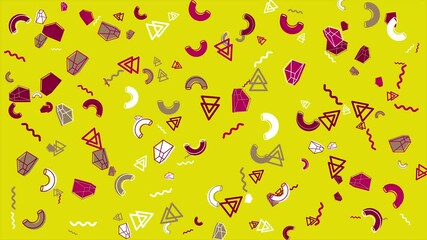 Wall Mural - Vibrant yellow background with geometric shapes and pasta. Abstract seamless memphis loop video for presentation, intro, outro, and social media.