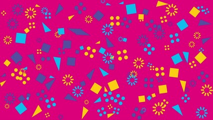 Vibrant image shows colorful geometric shapes and spinning circles on a pink background. Abstract seamless memphis loop video for presentation, intro, outro, and social media.