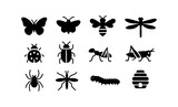 Silhouette icons of insects and bugs: butterfly, ant, bee, dragonfly, more Silhouette icons of insects and bugs: butterfly, ant, bee, dragonfly, more