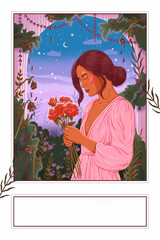 Wall Mural - modern illustration in boho country style with elements of astrology and tarot. female character and