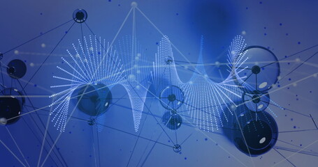 Wall Mural - Displaying interconnected network filling digital space, with spherical nodes and dotted waveforms