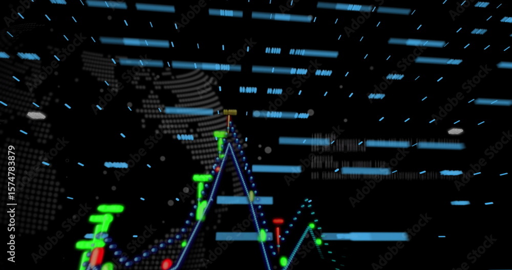 Neon blue line graph rising on world map display, with green or red bar ...
