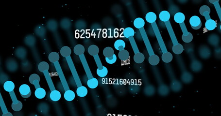 Wall Mural - displaying 3d dna helix rotating in digital space, with glowing bokeh orbs and numeric sequences