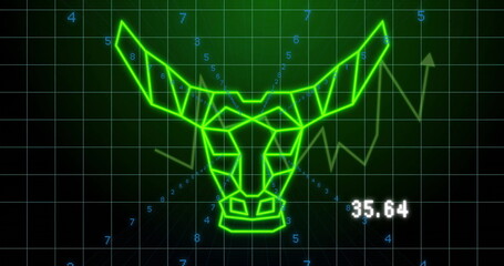 Wall Mural - Neon green wireframe bull head floating over grid, with green line chart and white 35