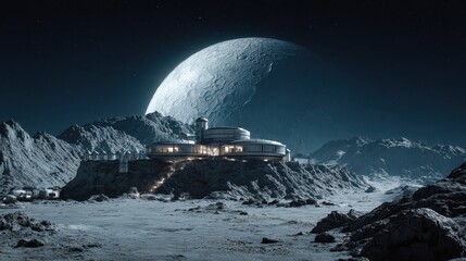 Wall Mural - Futuristic Lunar Base Against Majestic Moon Landscape at Night