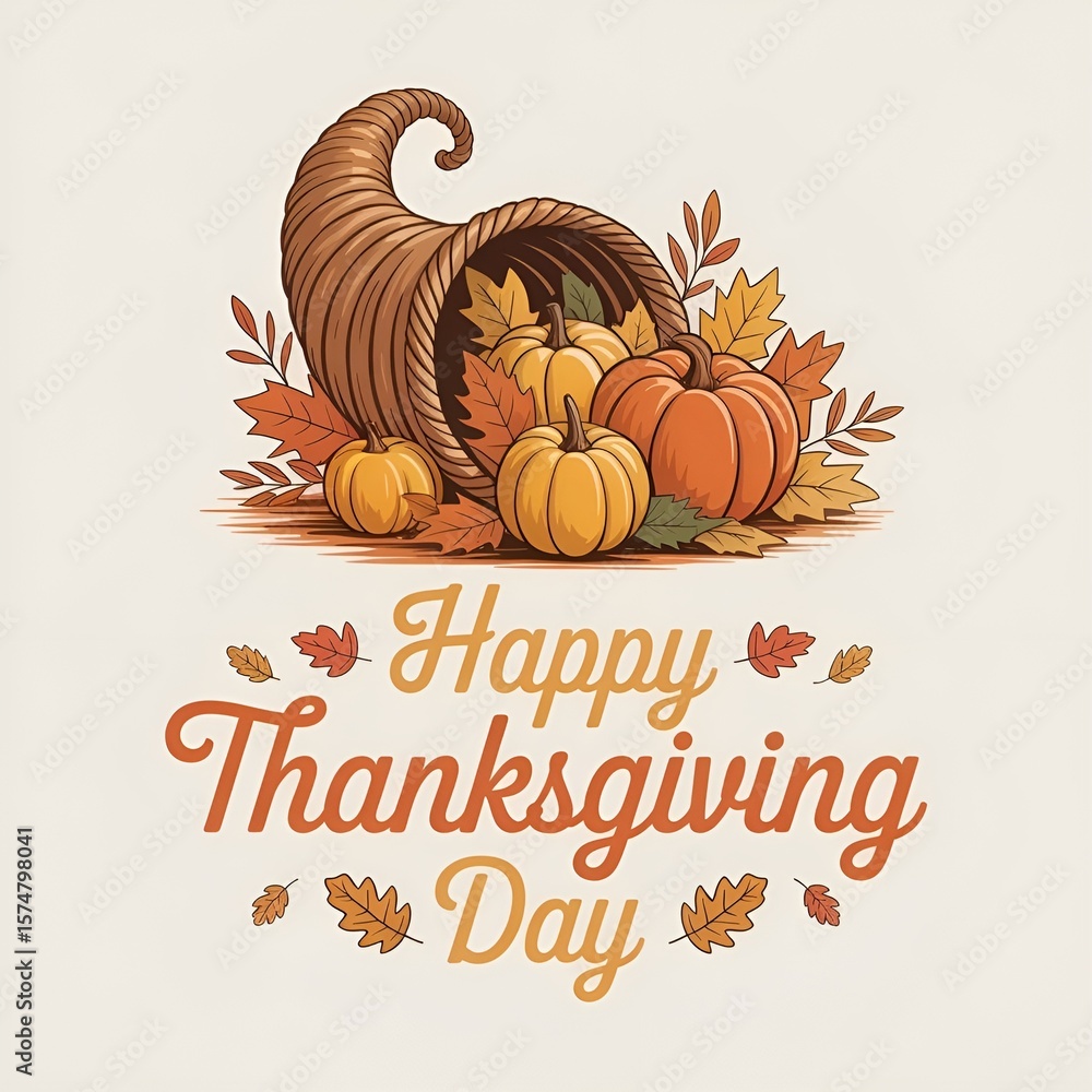 Happy Thanksgiving Day with autumn leaves. Hand drawn text lettering ...