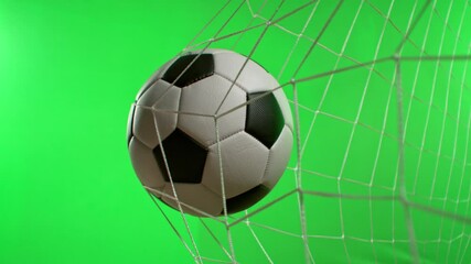 Super Slow Motion Soccer Ball Hitting Goal Net on Green Screen Background 1000fps.
