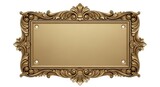 An ornate, antique gold decorative frame with intricate scrollwork and an empty plaque