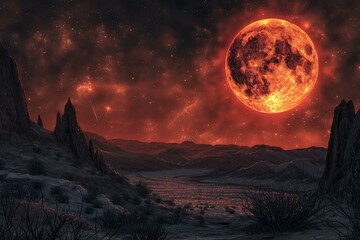 Wall Mural - red planet hangs large in the night sky over a desolate, rocky landscape, creating an eerie, otherwo