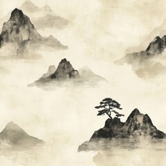 Wall Mural - minimalist japanese sumi ink seamless pattern with mountain elements