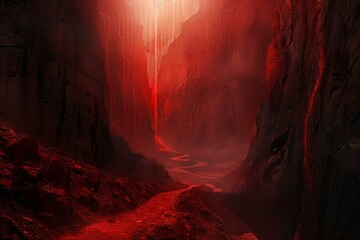 Wall Mural - red canyon with lava waterfalls flowing into river, fantasy landscape, digital painting