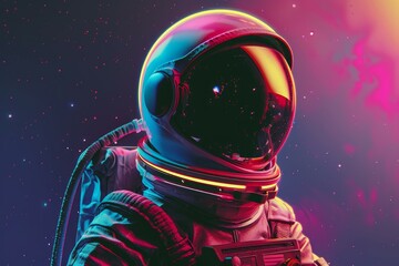 Wall Mural - astronaut wearing a helmet and spacesuit explores the vastness of outer space, accompanied by a retr