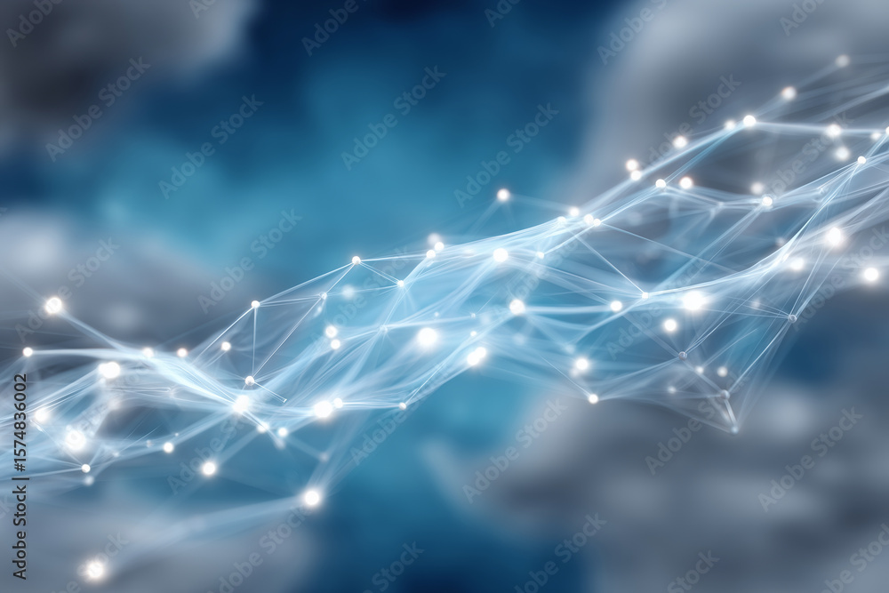 Abstract glowing network connections with light nodes on a blue blurred ...