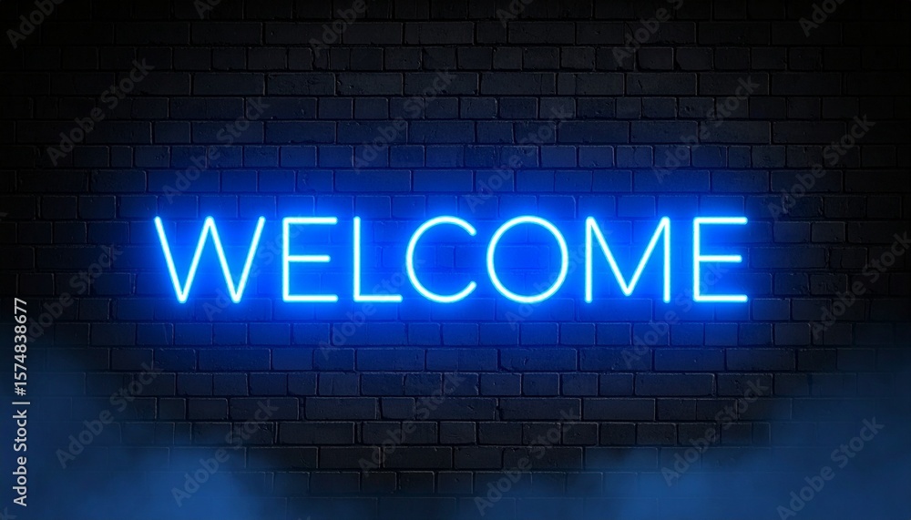 Backlighting Welcome Glowing welcome neon sign illuminating a dark brick wall with inviting ...