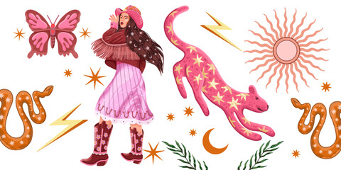 Wall Mural - modern illustration in boho country style with elements of astrology and tarot. female character and constellations	
