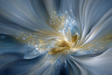 Wall Mural - abstract cosmic swirl with glowing particles and fluid-like waves in blue and gold tones