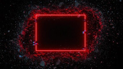 Wall Mural - Dynamic Red Neon Square Frames on Black Background with Glitch Effects and Grunge Texture