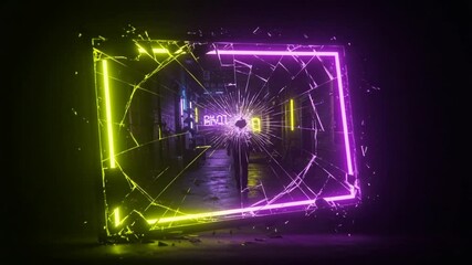 Wall Mural - Abstract neon tunnel with purple and yellow glowing light with urban background 3D rendering