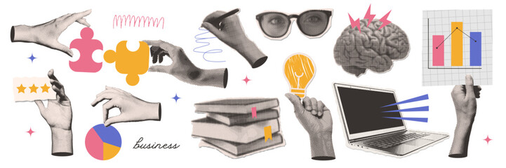 retro halftone collage business paper stickers set. hands with puzzles, lightbulb, chats , pen. tech