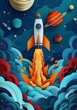 A rocket ship launching into outer space surrounded by colorful planets and stars