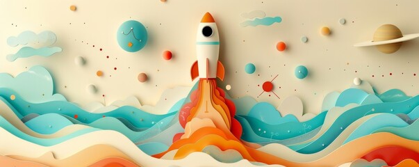 Wall Mural - rocket soaring through colorful abstract space landscape with planets and clouds