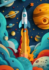 Wall Mural - colorful rocket ship launching into space illustration with planets and stars