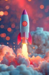 Wall Mural - cute rocket taking off surrounded by fluffy pink clouds in a dreamy sky