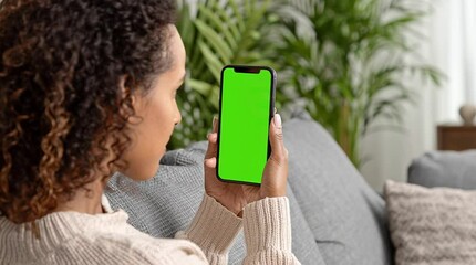 Wall Mural - A woman using a smartphone in her living room. There's a greenscreen chroma on the smartphone