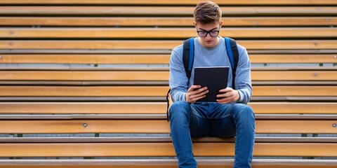 Wall Mural - young man sitting on the bleachers alone using tablet