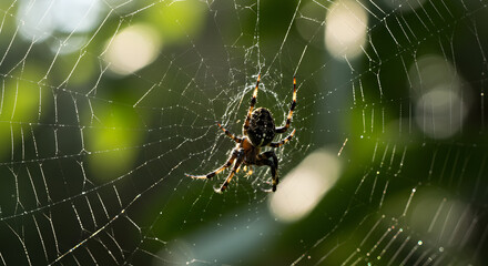 Spider on its web with blurred green background







