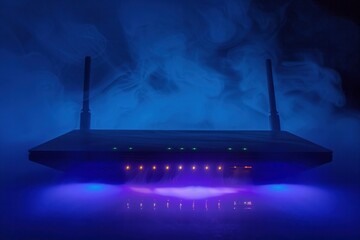 Wall Mural - wireless router emitting a mysterious blue light and smoke in a dark room