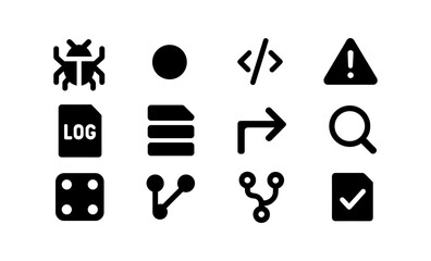 set of flat style icons featuring technology, code, and data symbols for modern interfaces
