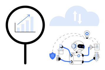 Wall Mural - robot multitasking with tools and charts symbolizes ai, data analysis under magnifier. ideal for tec