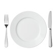 © David - An overhead flat lay of a transparent ceramic dinner plate, flanked by a polished silver fork and matching knife, all against a transparent background with bright studio lighting. Concept of