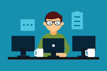 Person coding on computers with coffee programmer desk
