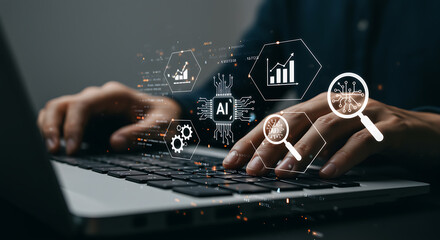 businessman working on a laptop with artificial intelligence data analysis concept displayed