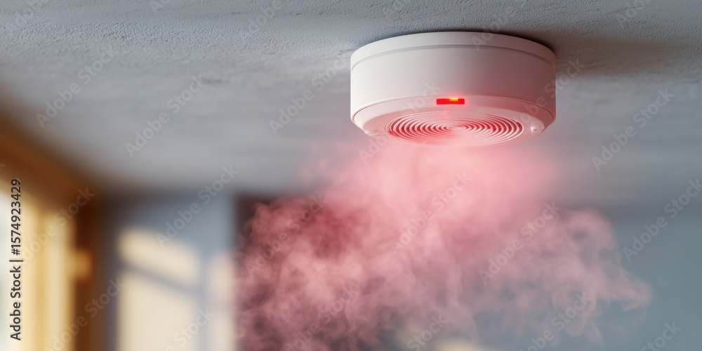 Close-up of active smoke detector with red LED blinking and smoke