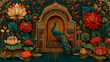 © Prasanth - An ornate Mughal pichwai art-inspired illustration for wallpaper, featuring a detailed garden scene with a peacock by a lotus pond, framed by an elaborate arch. The design is rich in traditional