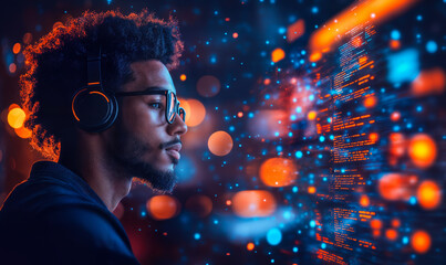 Young man with headphones and glasses working on computer programming code in dark room with colorful futuristic digital interface and glowing lights