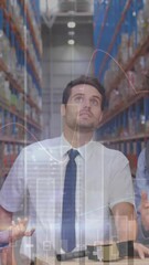 Wall Mural - animation of statistics and data processing over diverse people working in warehouse