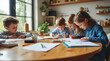 © Saika - Children are drawing together at a wooden table at home