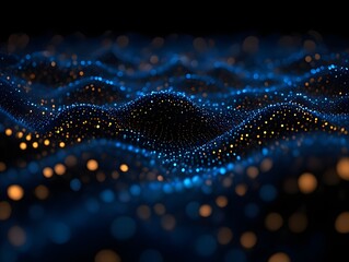 Abstract blue and orange glowing particles form a dynamic, wavelike pattern